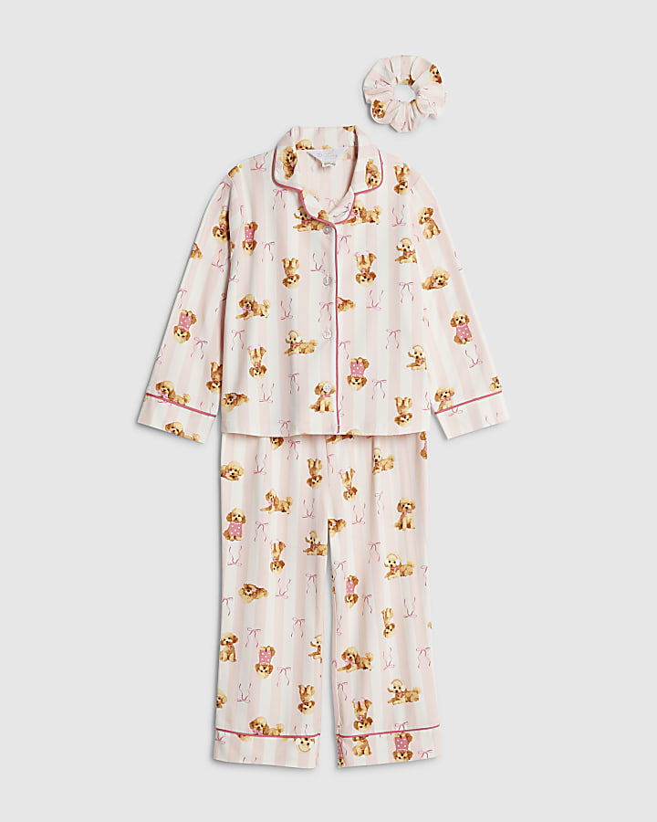 Mini Girls Pink Puppy Stripe Pyjama Set
