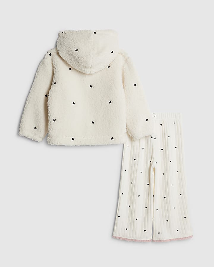 Mini Girls Cream Heart Borg Cosy Hoodie Set