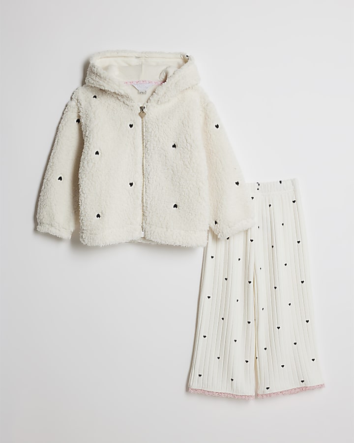 Mini Girls Cream Heart Borg Cosy Hoodie Set