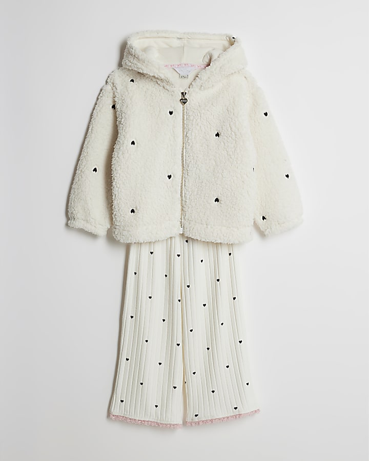 Mini Girls Cream Heart Borg Cosy Hoodie Set
