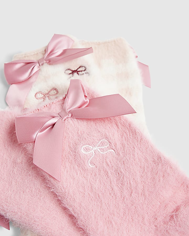 Girls Pink Bow Gingham Cosy Pack Of 2 Socks