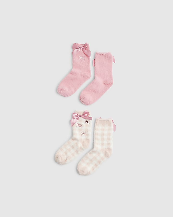 Girls Pink Bow Gingham Cosy Pack Of 2 Socks