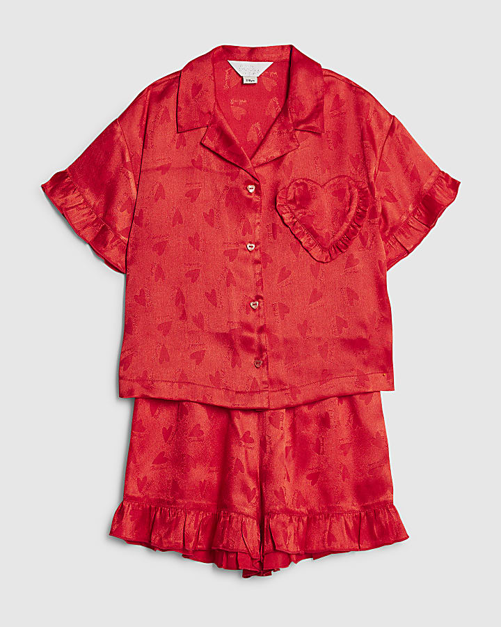 Girls Red Satin Heart Pyjamas Set