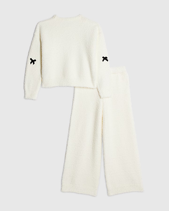 Girls Cream 3D Bow Loungewear Set