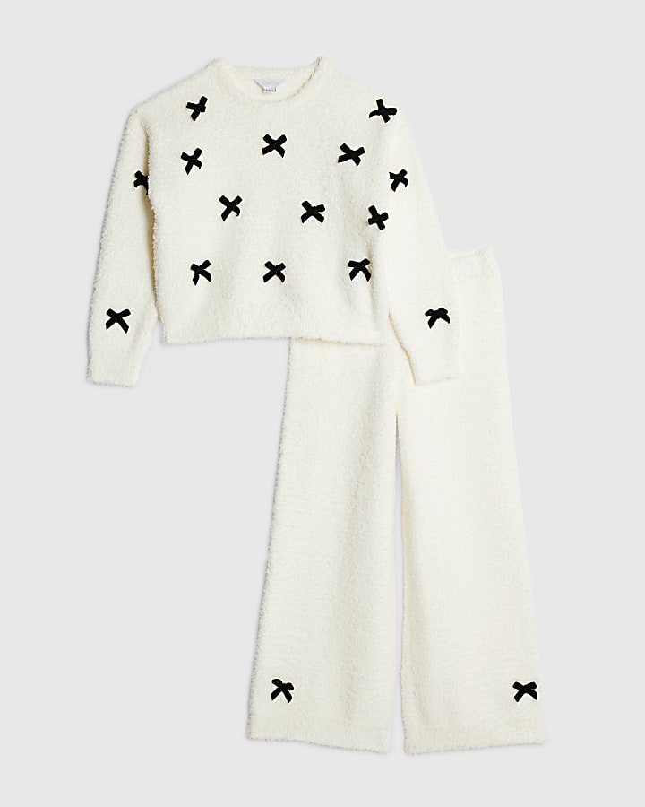 Girls Cream 3D Bow Loungewear Set
