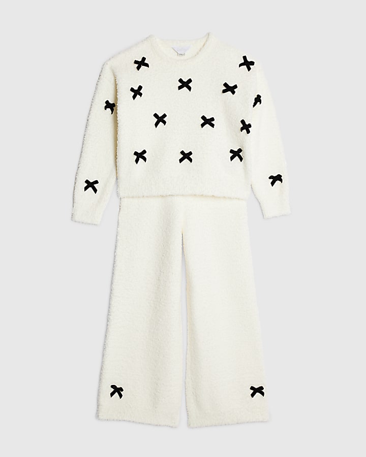 Girls Cream 3D Bow Loungewear Set
