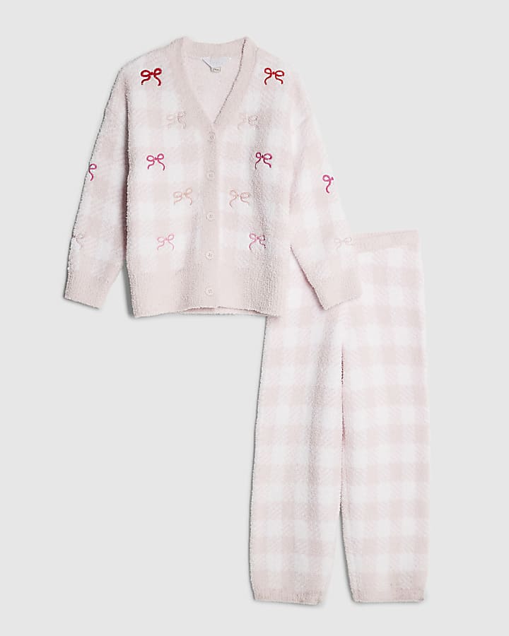 Girls Pink Gingham Cosy Cardigan Set
