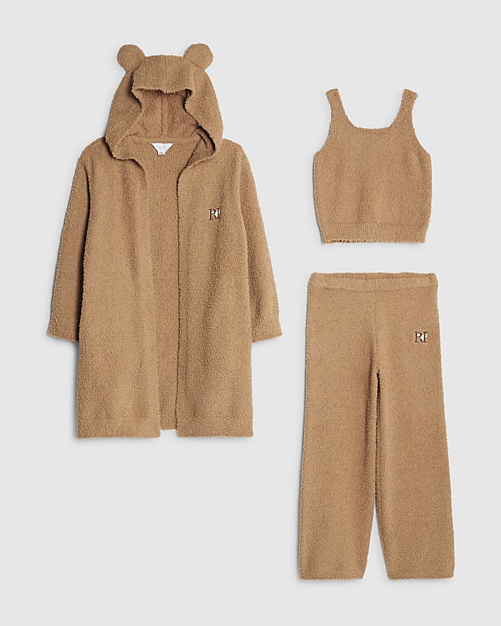 Girls Beige Maxi Cosy Cardigan 3 Piece Set