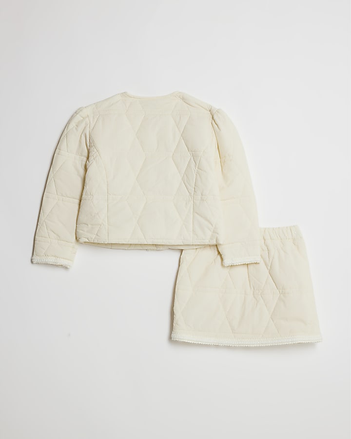 Mini Girls Cream Quilted Jacket And Skirt Set