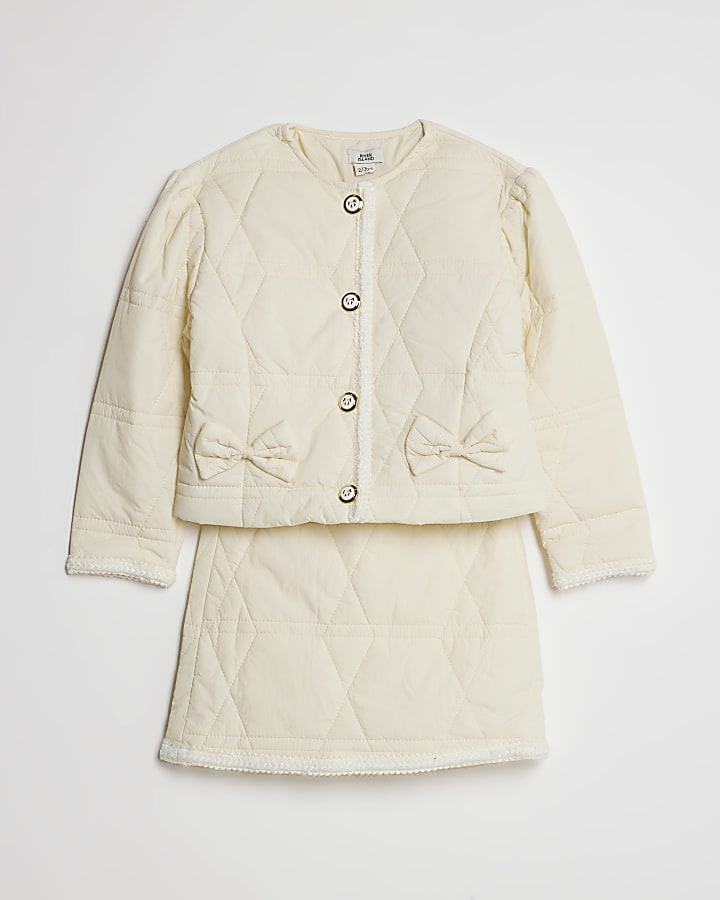 Mini Girls Cream Quilted Jacket And Skirt Set