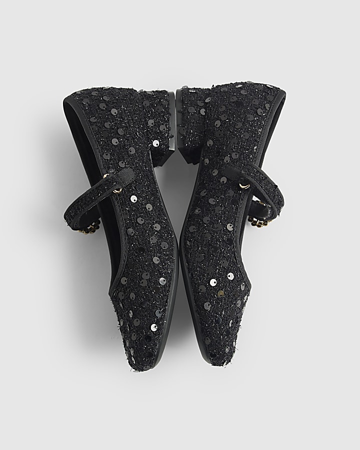 Girls Black Boucle Heeled Mary Jane Shoes