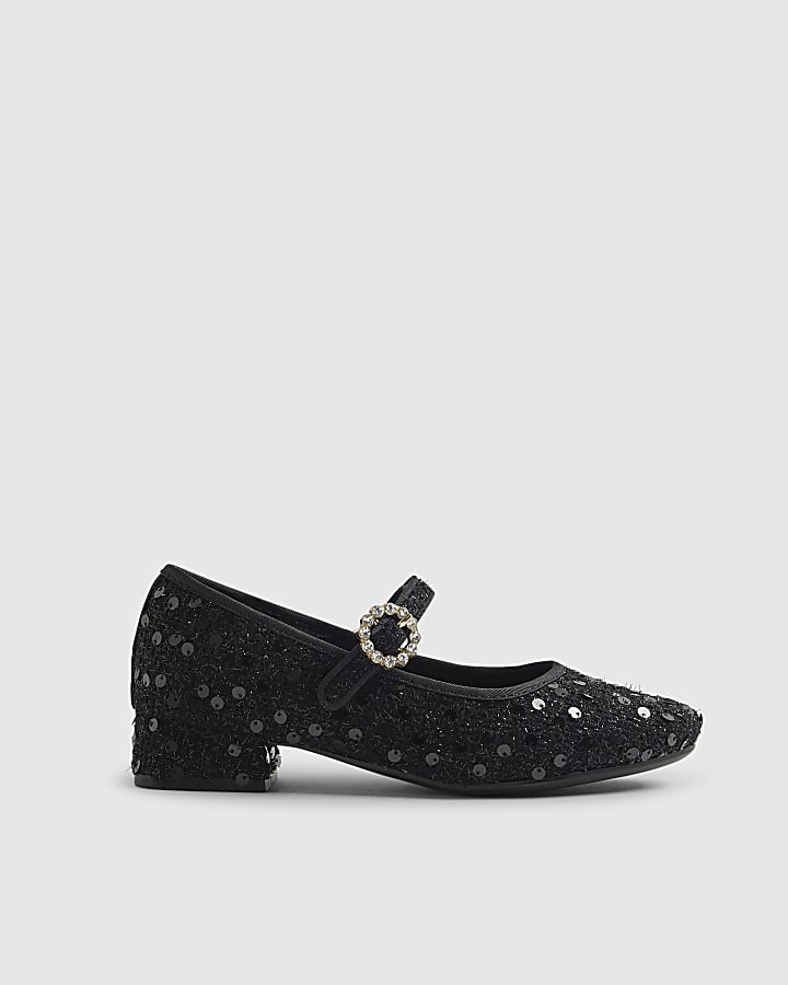 Girls Black Boucle Heeled Mary Jane Shoes