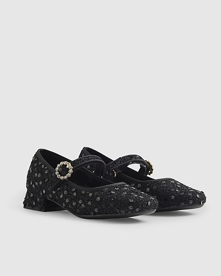 Girls Black Boucle Heeled Mary Jane Shoes