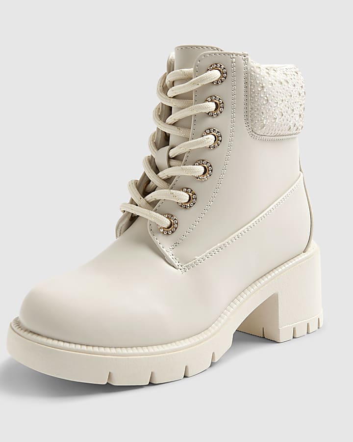 Girls Cream Diamante Lace Up Heel Boots