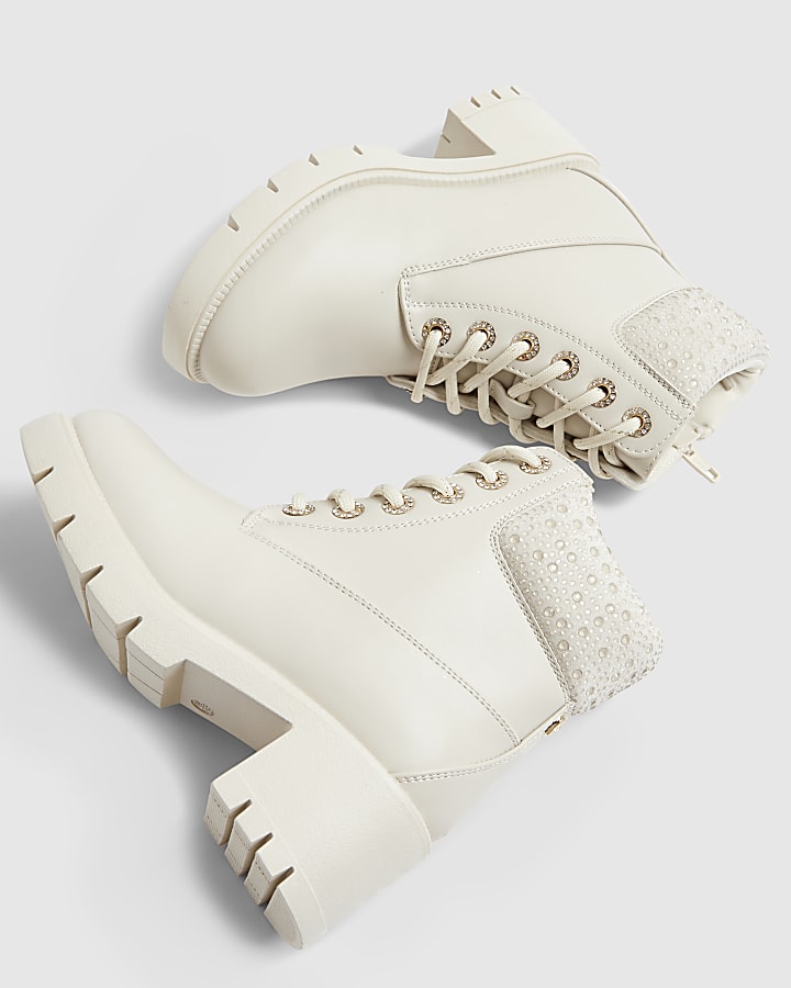 Girls Cream Diamante Lace Up Heel Boots