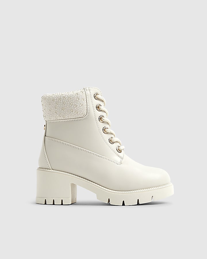 Girls Cream Diamante Lace Up Heel Boots