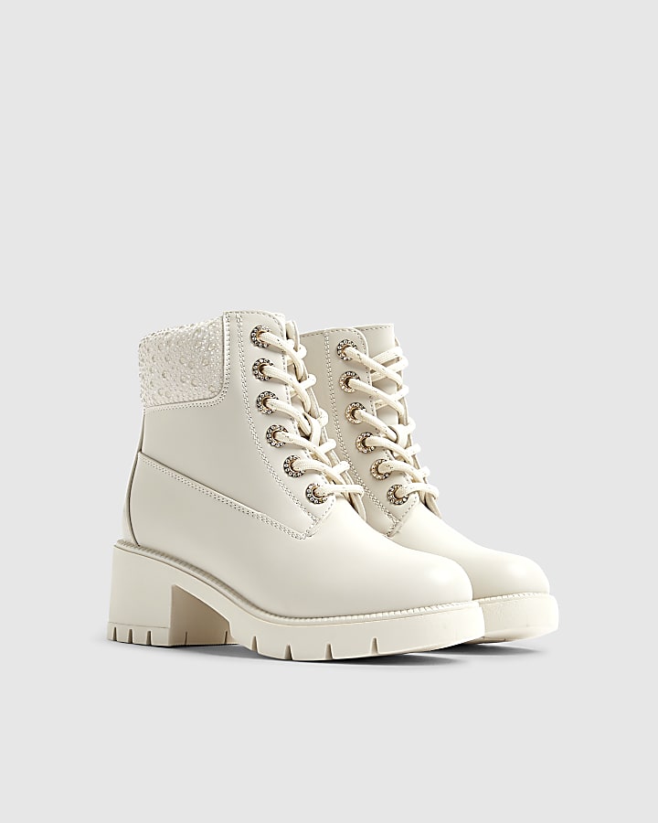 Girls Cream Diamante Lace Up Heel Boots