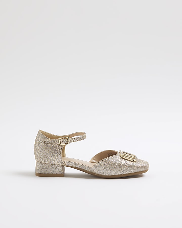 Girls Gold Glitter Heeled Mary Jane Shoes