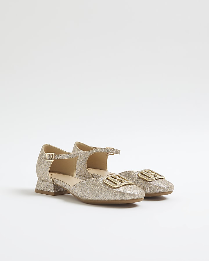 Girls Gold Glitter Heeled Mary Jane Shoes