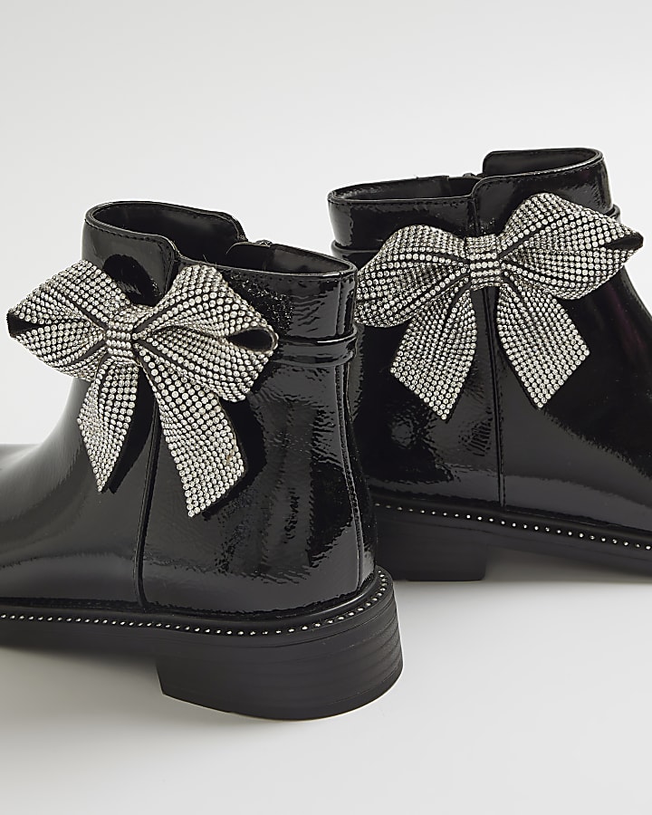 Girls Black Diamante Bow Boots