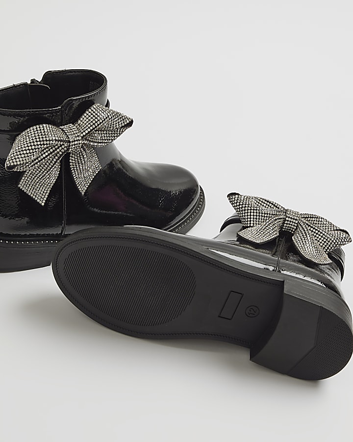 Girls Black Diamante Bow Boots