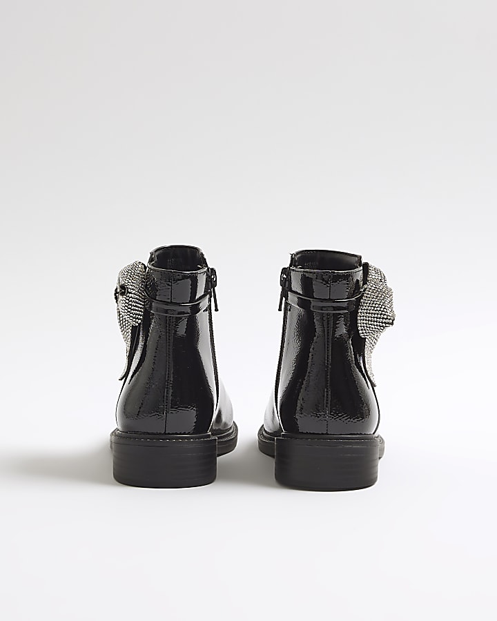 Girls Black Diamante Bow Boots