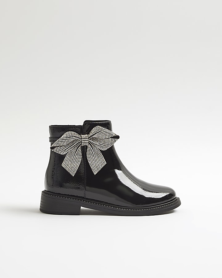 Girls Black Diamante Bow Boots