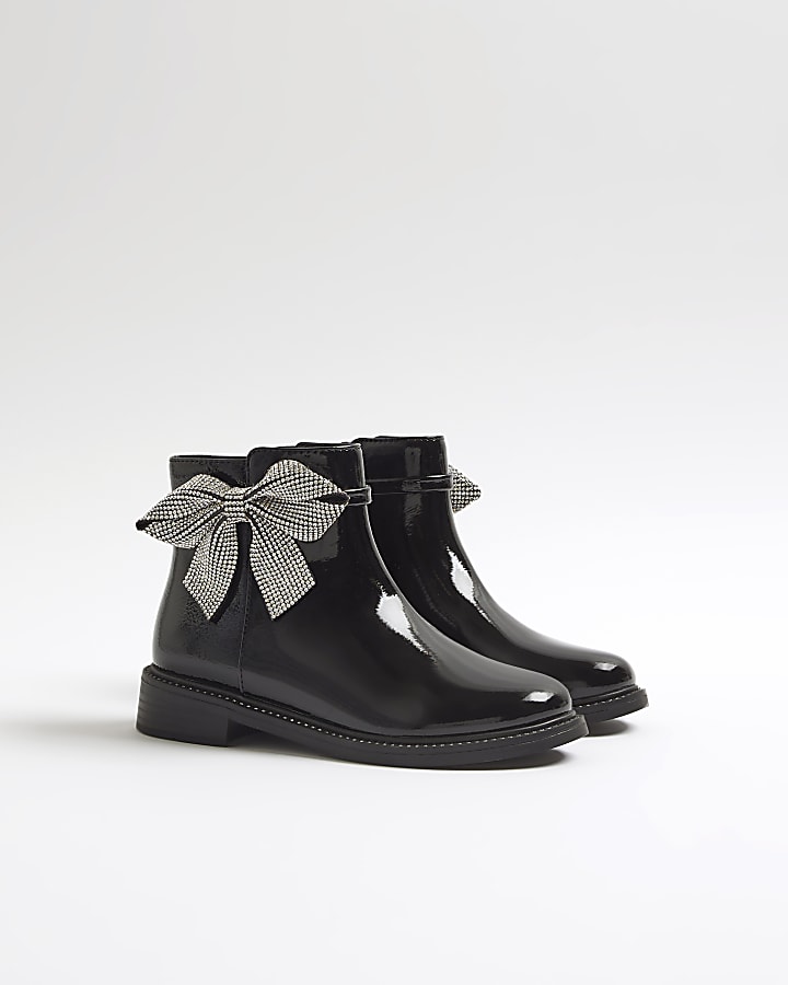 Girls Black Diamante Bow Boots