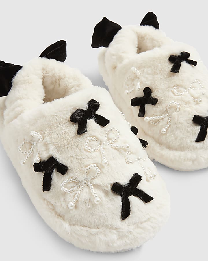 Girls Cream Faux Fur Bow Slippers