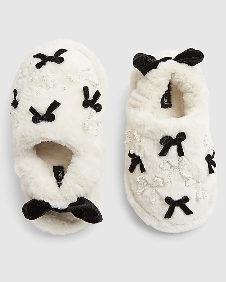 Girls Cream Faux Fur Bow Slippers