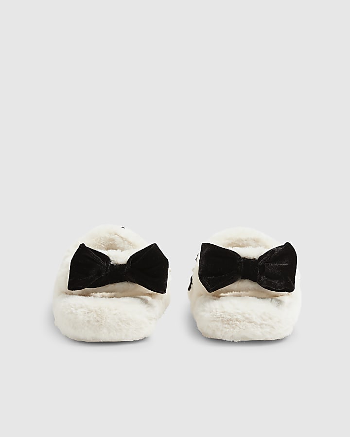 Girls Cream Faux Fur Bow Slippers