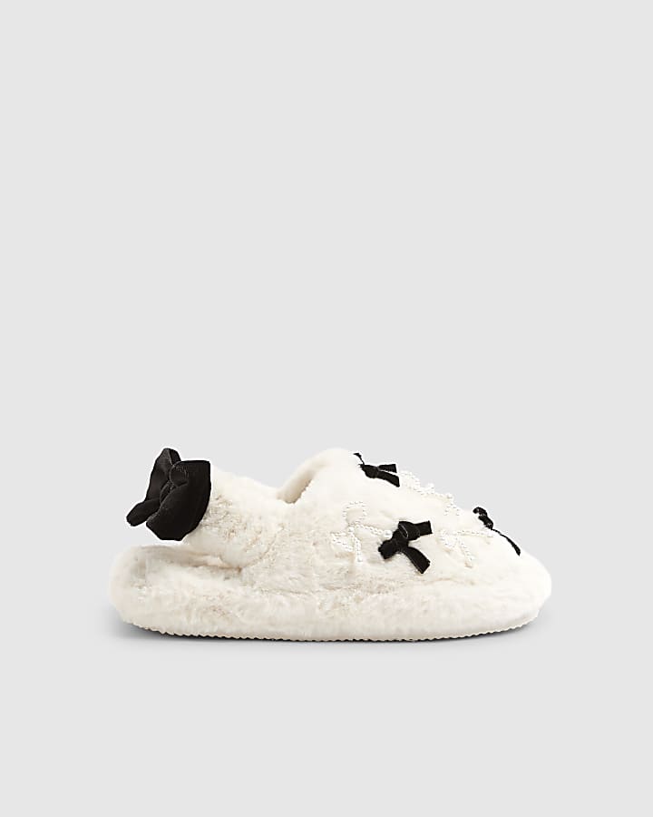 Girls Cream Faux Fur Bow Slippers