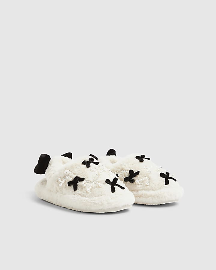 Girls Cream Faux Fur Bow Slippers