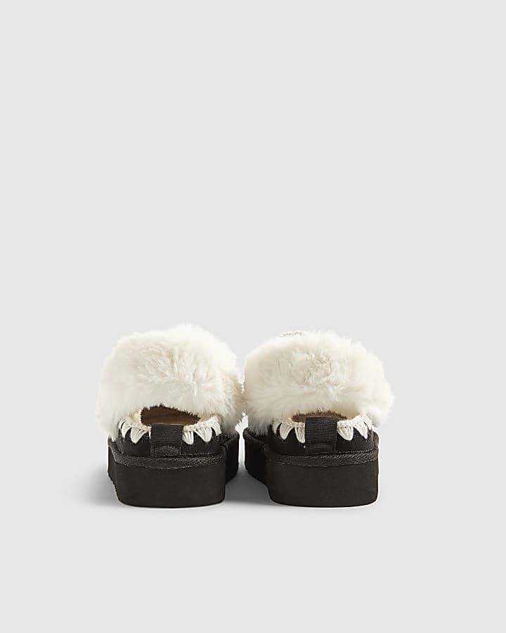Girls Black Faux Fur Trim Strap Slippers