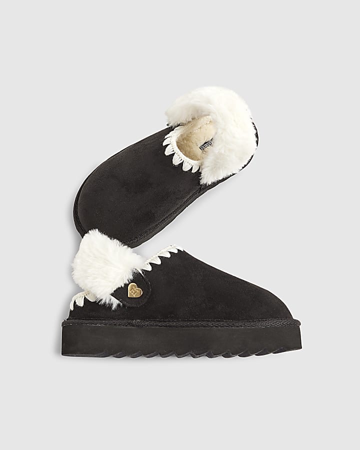 Girls Black Faux Fur Trim Strap Slippers