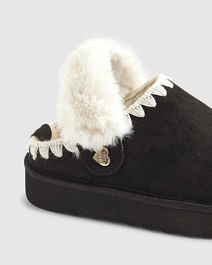 Girls Black Faux Fur Trim Strap Slippers