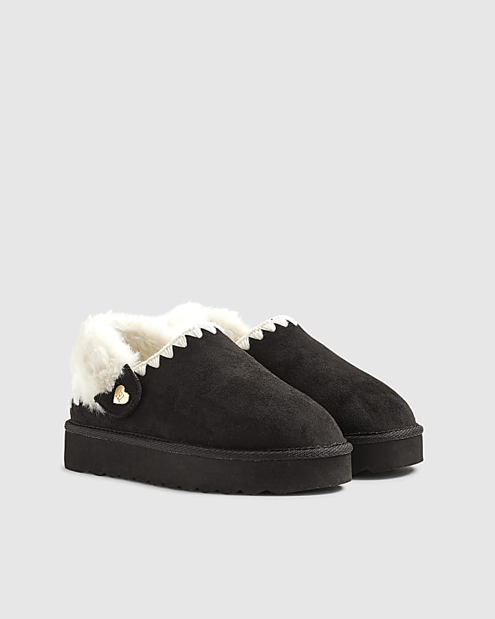 Girls Black Faux Fur Trim Strap Slippers