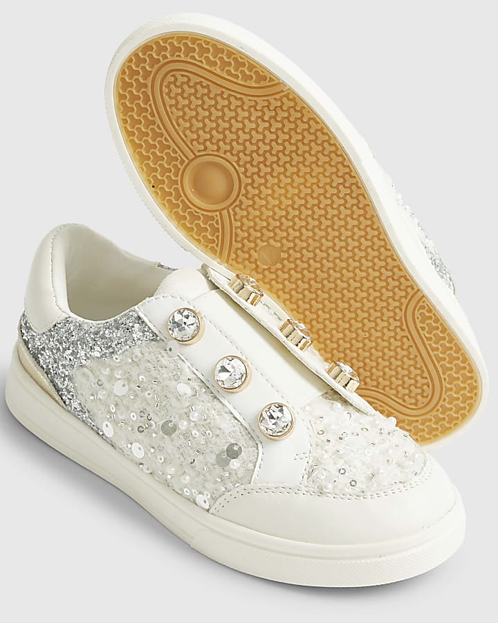 Girls White Boucle Gem Eyelet Trainers
