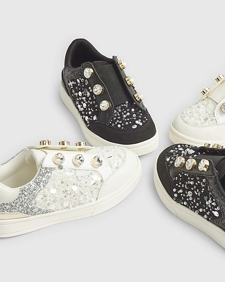 Girls White Boucle Gem Eyelet Trainers