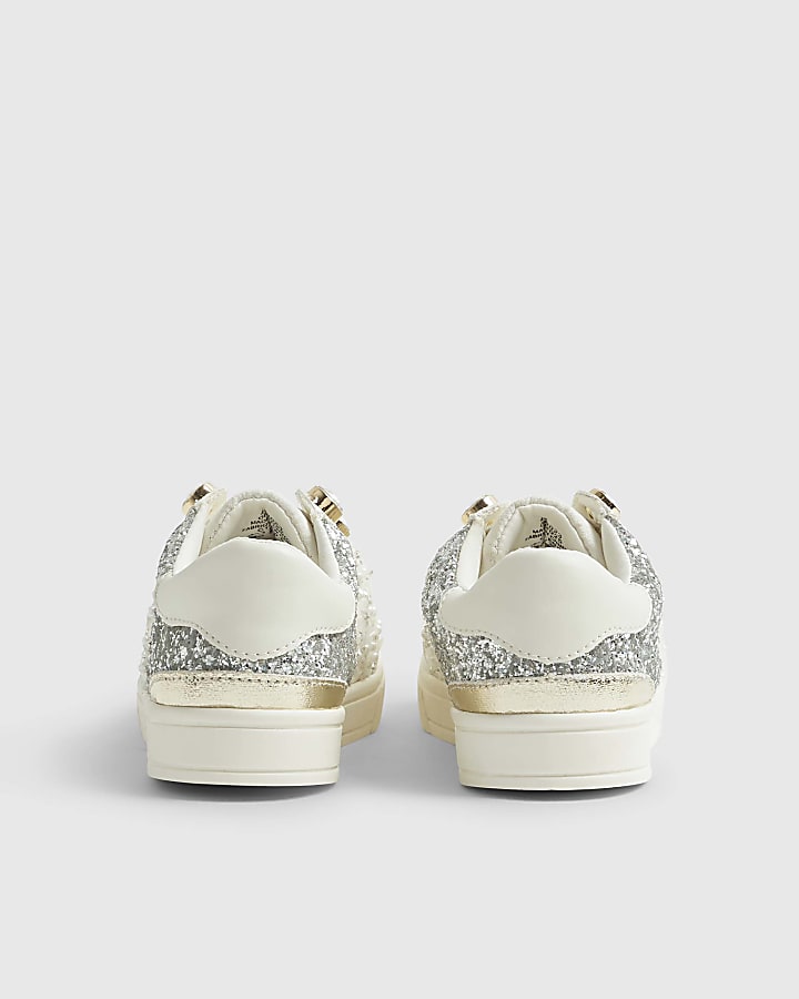 Girls White Boucle Gem Eyelet Trainers