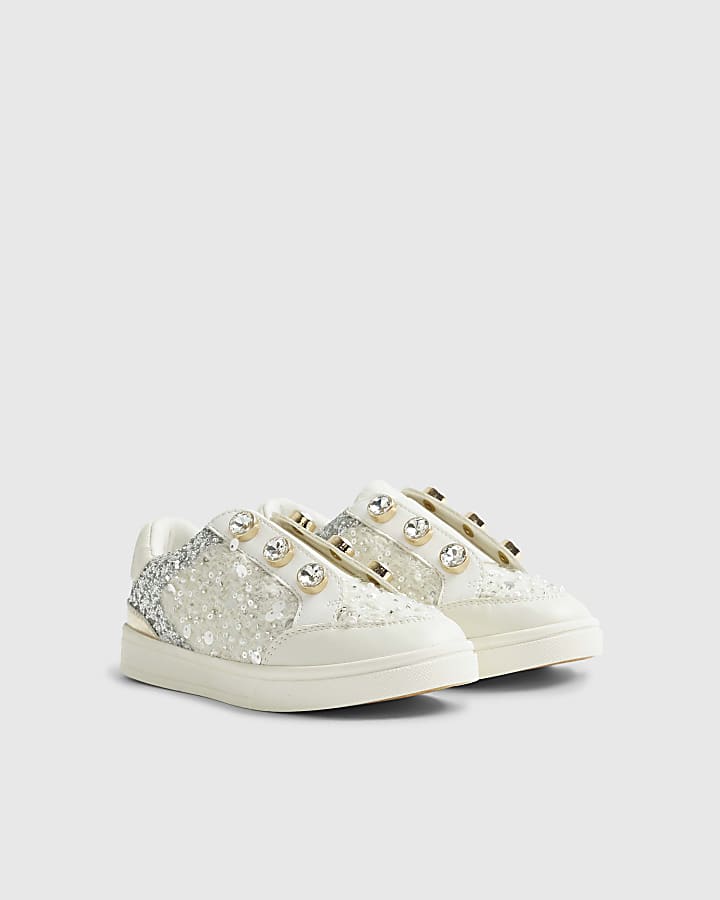 Girls White Boucle Gem Eyelet Trainers