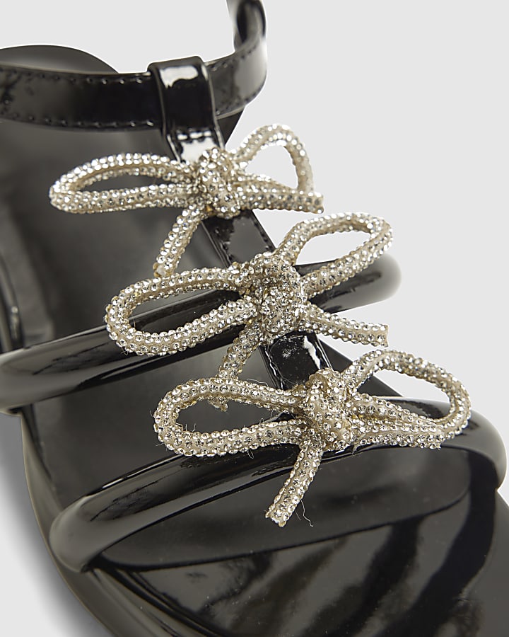 Girls Black Triple Bow Heeled Sandals