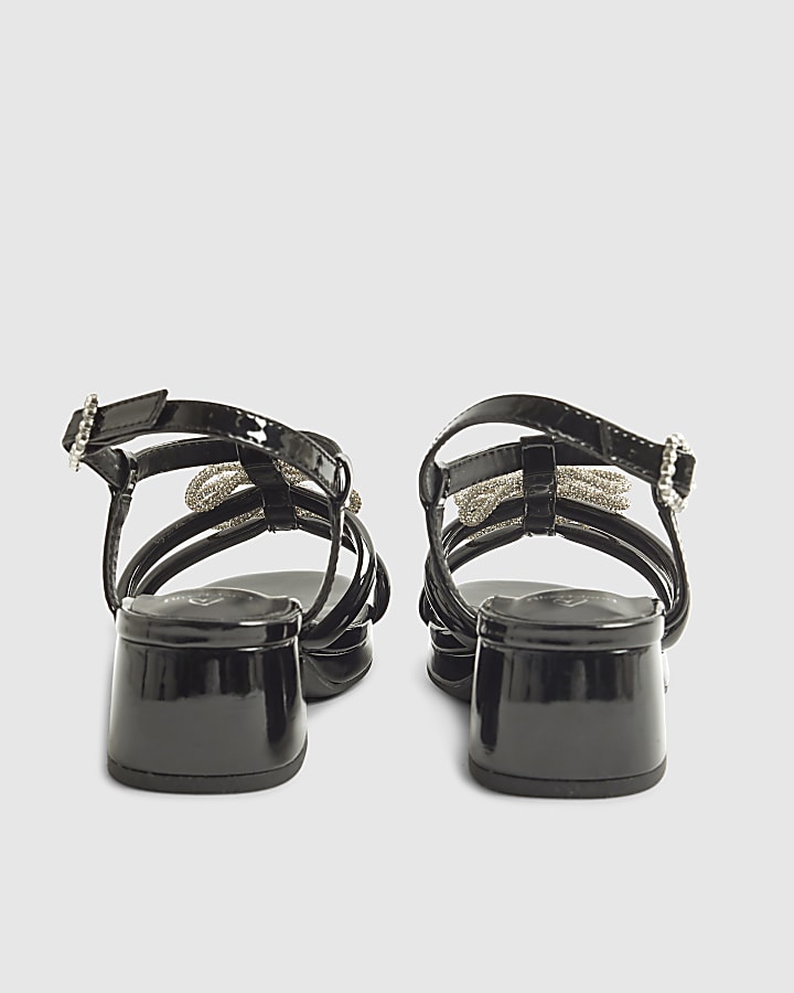 Girls Black Triple Bow Heeled Sandals
