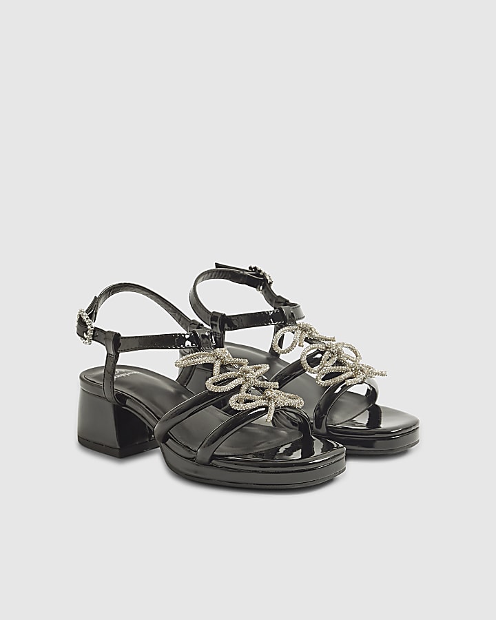 Girls Black Triple Bow Heeled Sandals