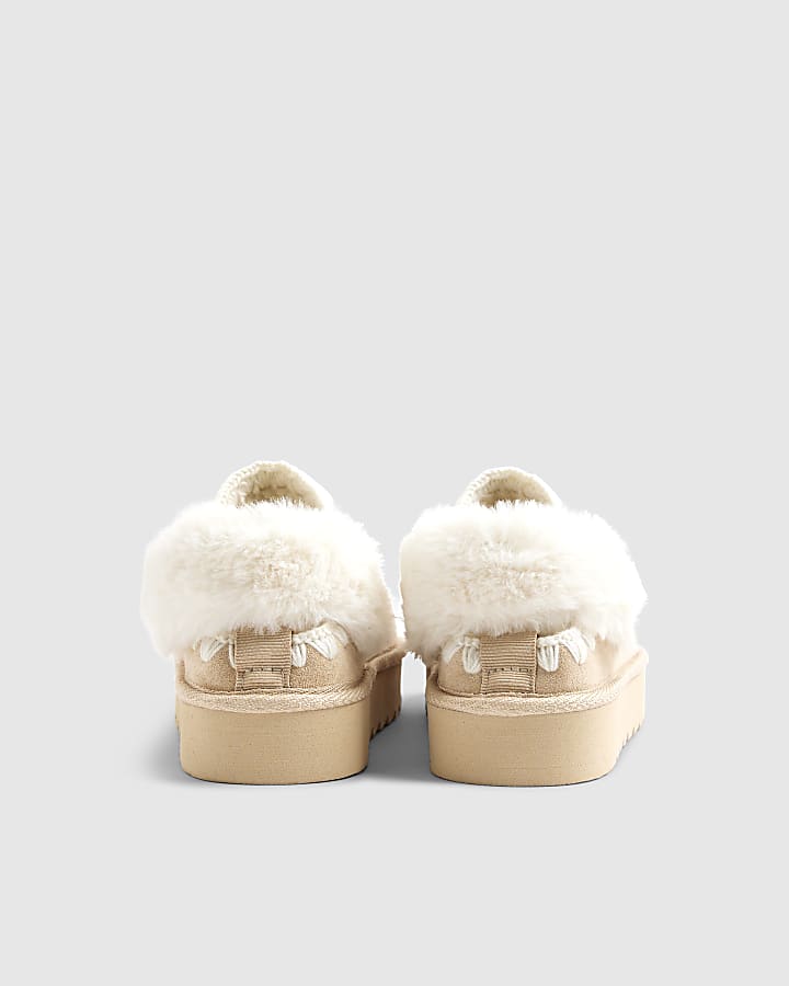 Girls Cream Faux Fur Trim Strap Slippers