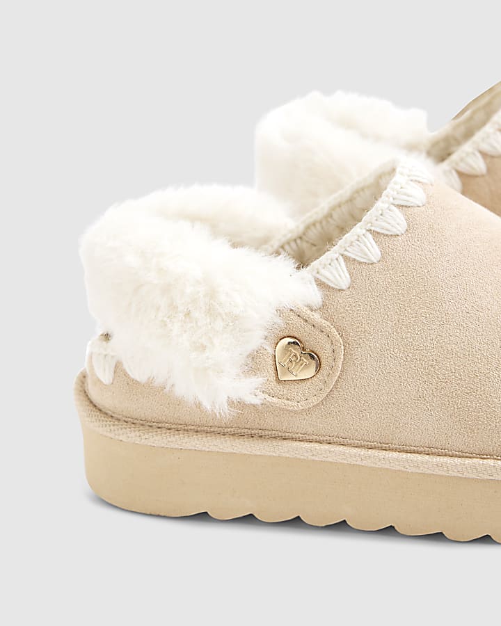 Girls Cream Faux Fur Trim Strap Slippers