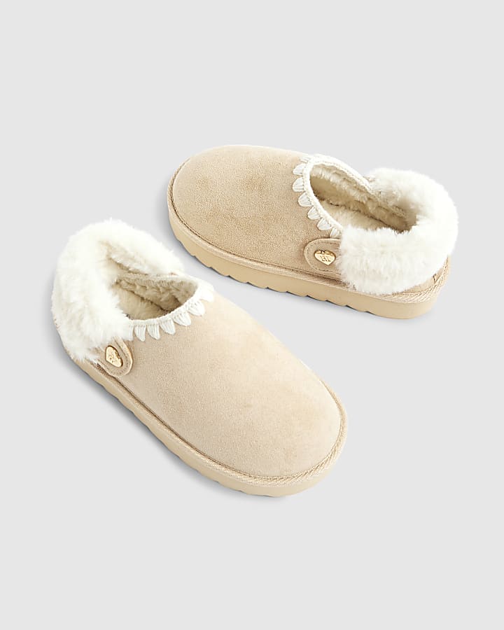 Girls Cream Faux Fur Trim Strap Slippers
