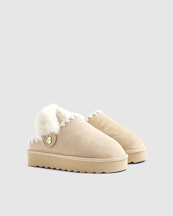 Girls Cream Faux Fur Trim Strap Slippers