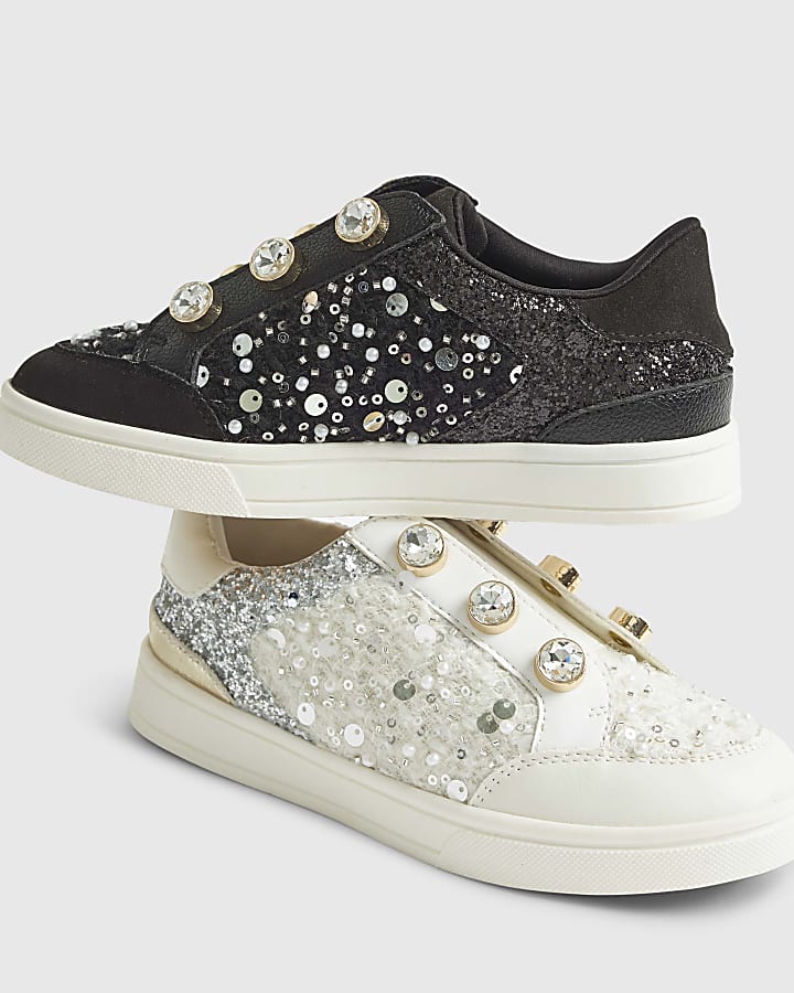 Girls Black Boucle Gem Eyelet Trainers
