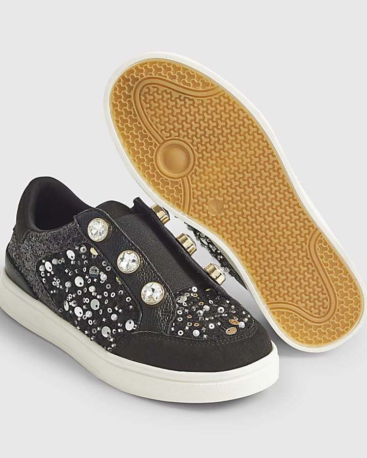 Girls Black Boucle Gem Eyelet Trainers
